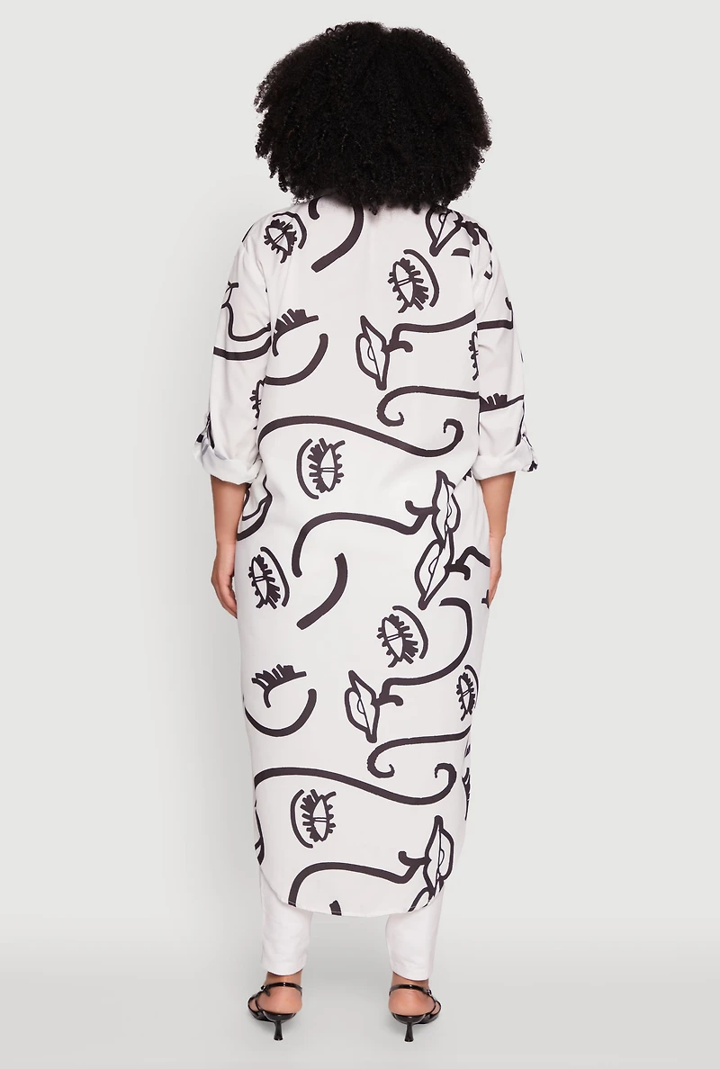 Womens Plus Chic Face Print Long Sleeve Maxi Shirt, White,