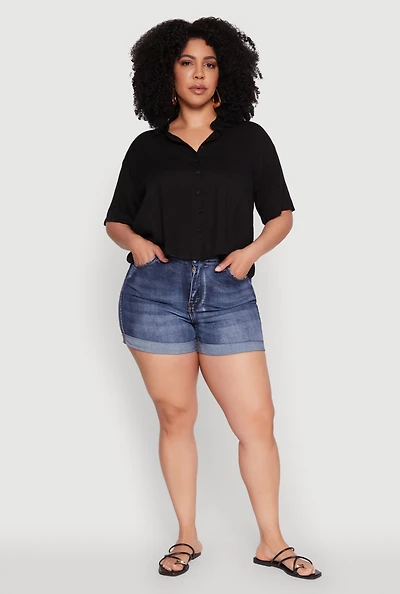 Womens Plus Chic Boxy Button Front Short Sleeve Shirt, 3X