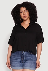 Womens Plus Chic Boxy Button Front Short Sleeve Shirt, 3X