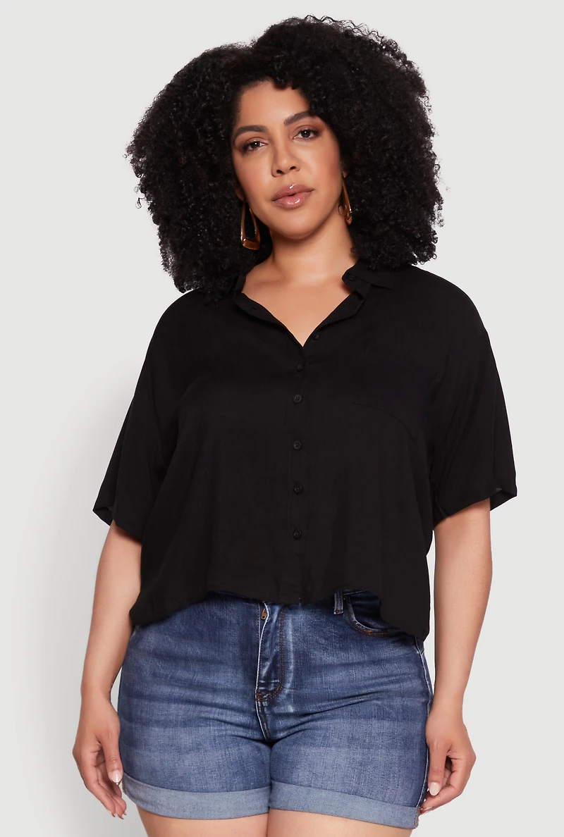 Womens Plus Chic Boxy Button Front Short Sleeve Shirt, Black,