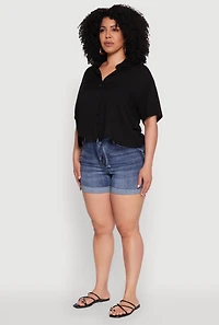 Womens Plus Chic Boxy Button Front Short Sleeve Shirt, Black,