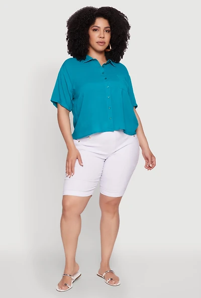 Womens Plus Chic Boxy Button Front Short Sleeve Shirt,