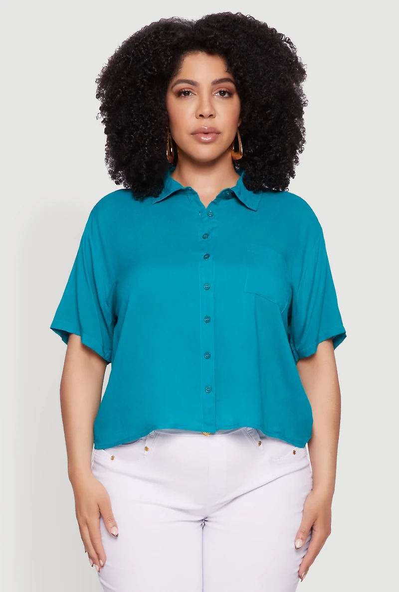 Womens Plus Chic Boxy Button Front Short Sleeve Shirt, Blue,