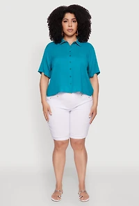 Womens Plus Chic Boxy Button Front Short Sleeve Shirt, Blue,