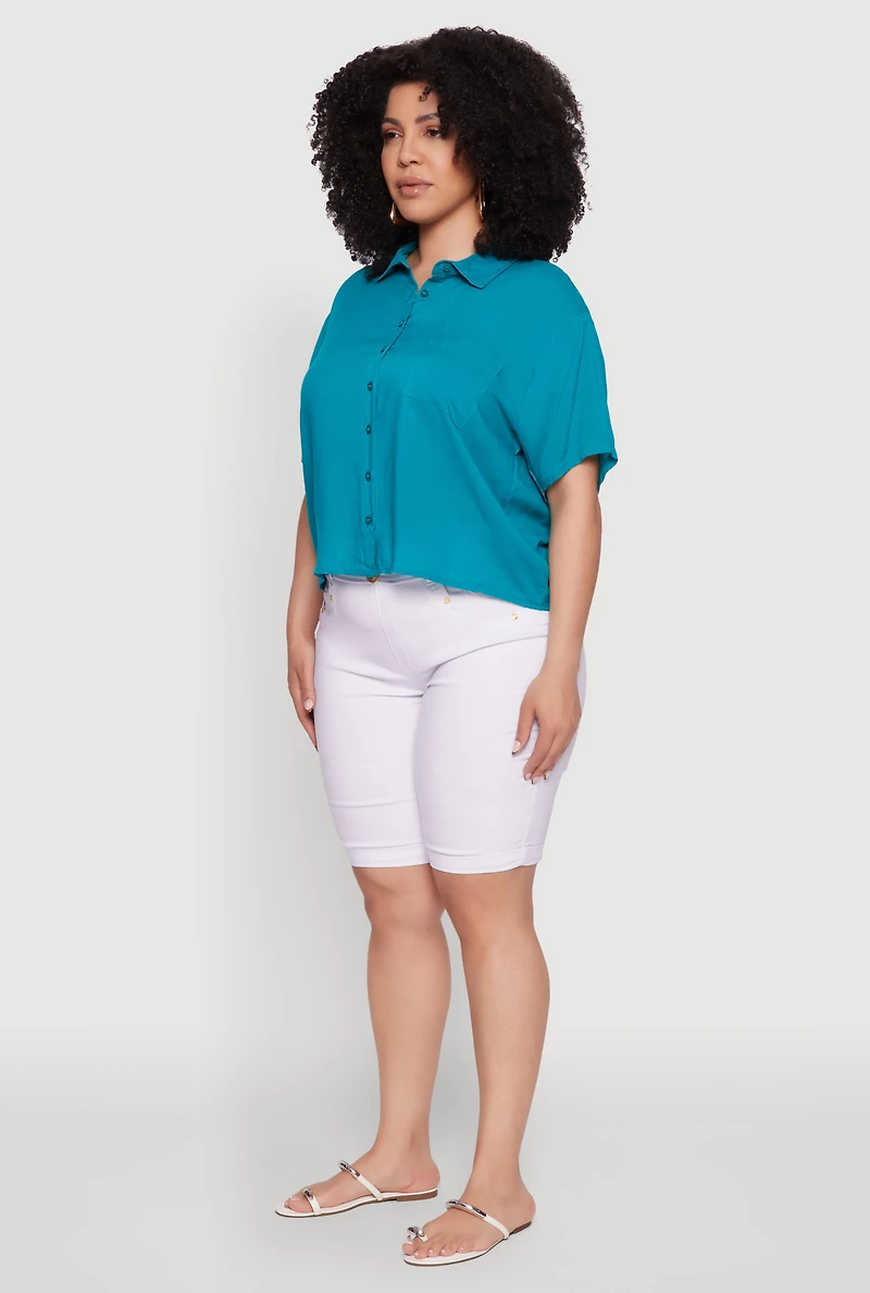 Womens Plus Chic Boxy Button Front Short Sleeve Shirt, Blue,