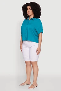 Womens Plus Chic Boxy Button Front Short Sleeve Shirt, Blue,