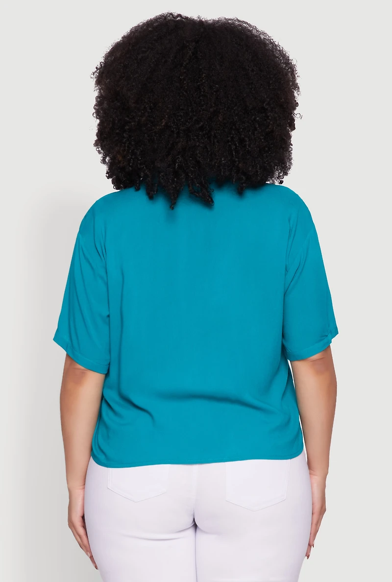 Womens Plus Chic Boxy Button Front Short Sleeve Shirt, Blue,