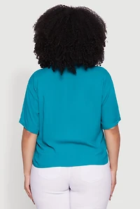 Womens Plus Chic Boxy Button Front Short Sleeve Shirt, Blue,