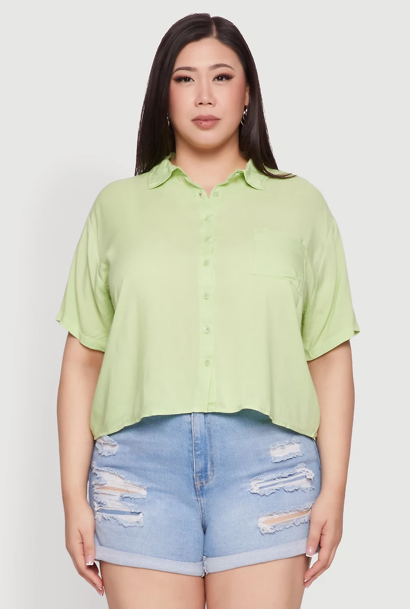 Plus Chic Boxy Button Front Short Sleeve Shirt