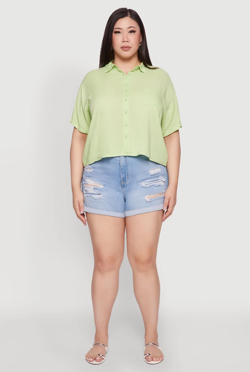 Plus Chic Boxy Button Front Short Sleeve Shirt