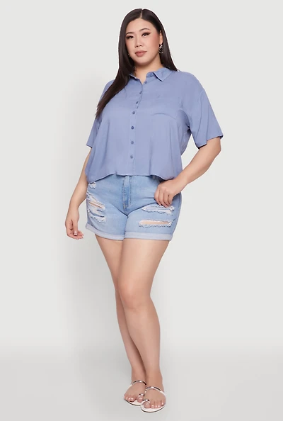 Womens Plus Size Chic Boxy Button Front Short Sleeve Shirt, Blue, Size 3X