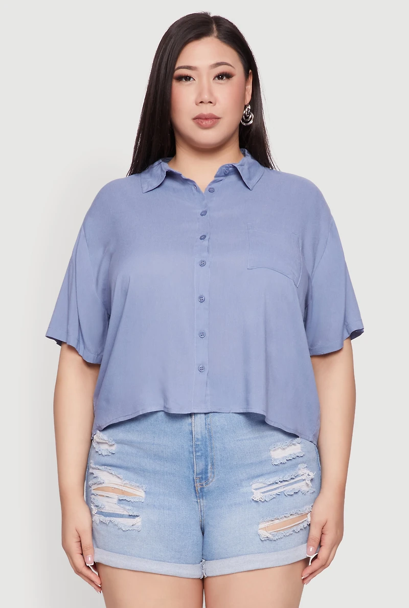 Womens Plus Chic Boxy Button Front Short Sleeve Shirt, Blue,