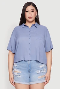 Womens Plus Chic Boxy Button Front Short Sleeve Shirt, Blue,