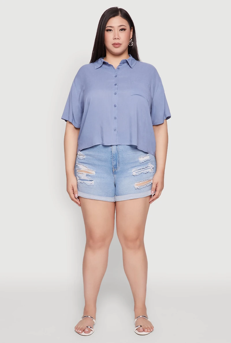 Womens Plus Size Chic Boxy Button Front Short Sleeve Shirt, Blue, Size 3X