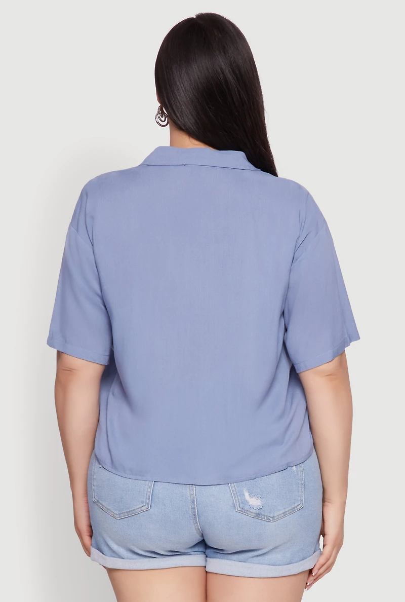 Womens Plus Chic Boxy Button Front Short Sleeve Shirt, Blue,