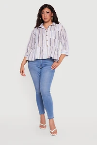 Plus Striped Button Front Peplum Shirt