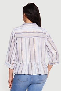 Plus Striped Button Front Peplum Shirt