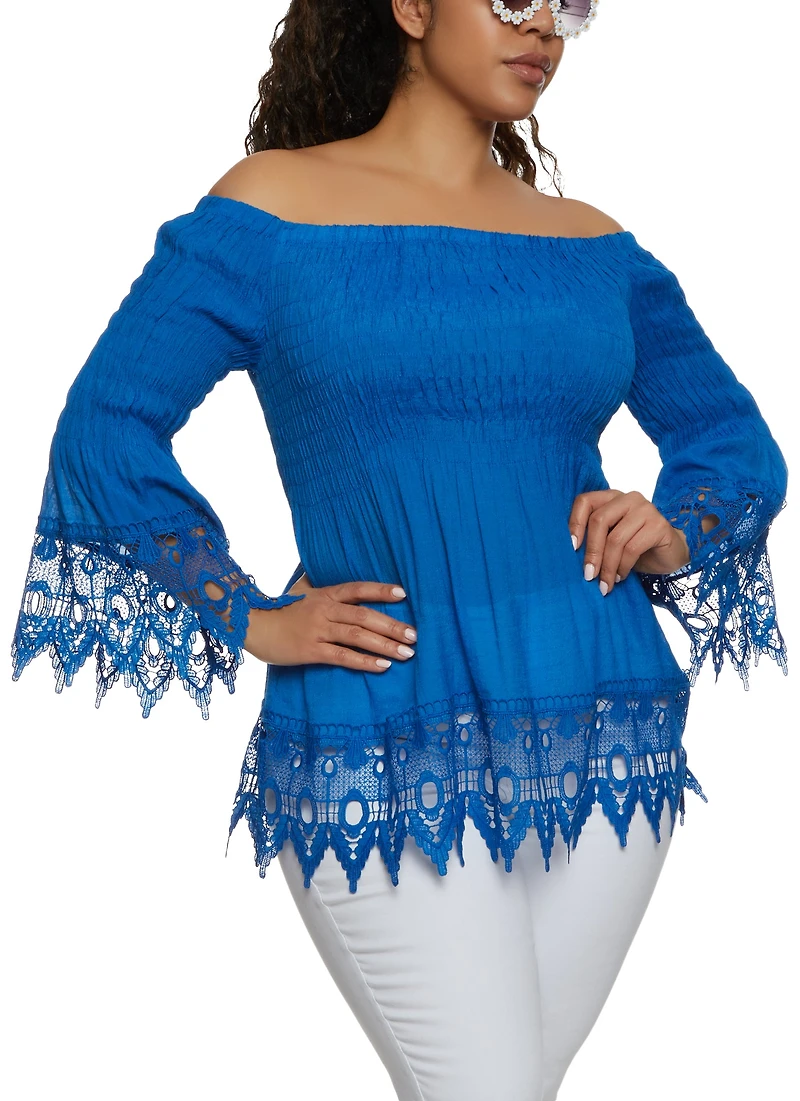 Plus Off the Shoulder Bell Sleeve Smocked Top