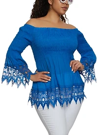 Plus Off the Shoulder Bell Sleeve Smocked Top