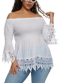 Plus Off the Shoulder Bell Sleeve Smocked Top