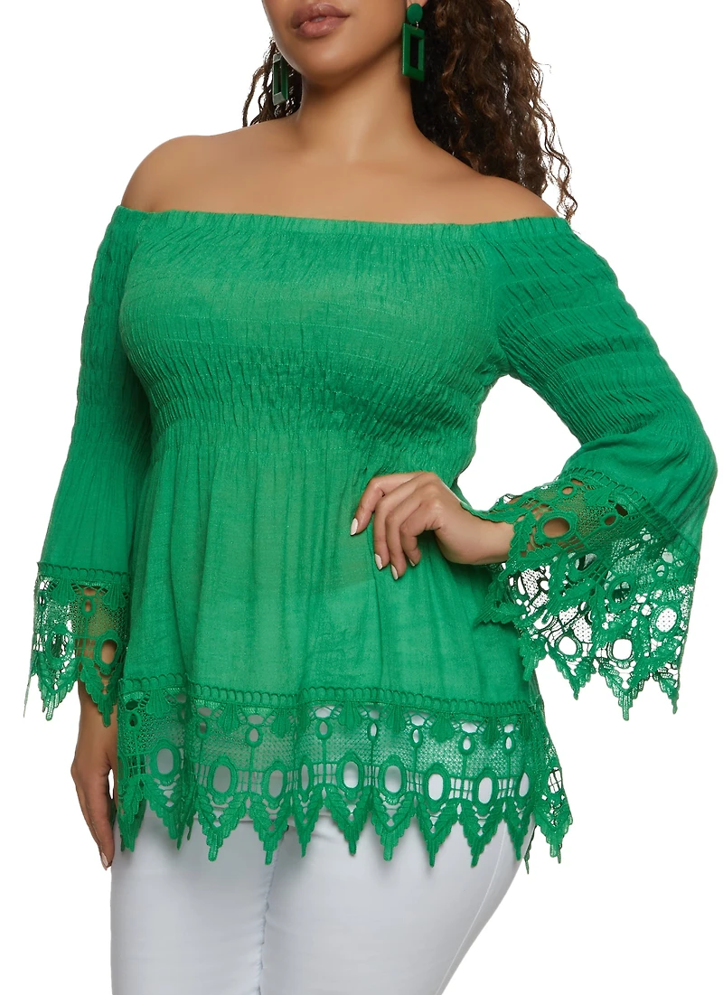 Plus Off the Shoulder Bell Sleeve Smocked Top