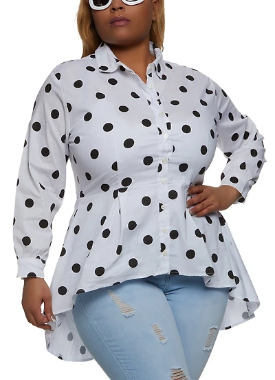 Plus Polka Dot Print Button Front High Low Shirt
