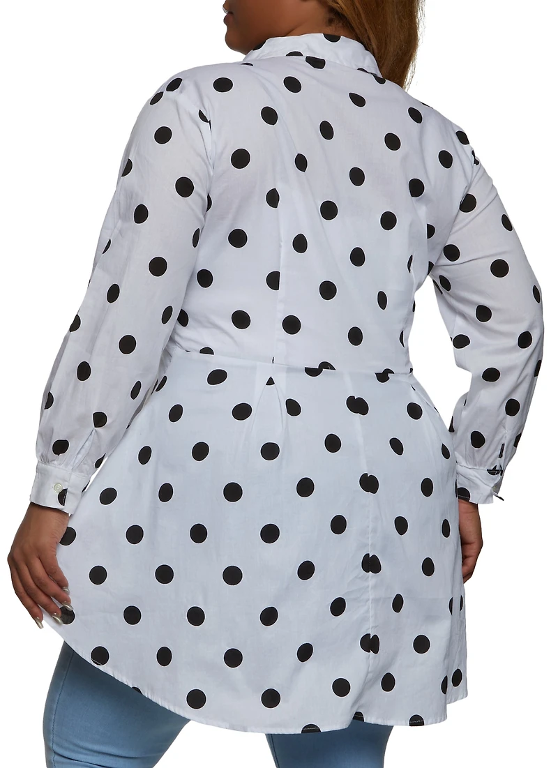 Plus Polka Dot Print Button Front High Low Shirt
