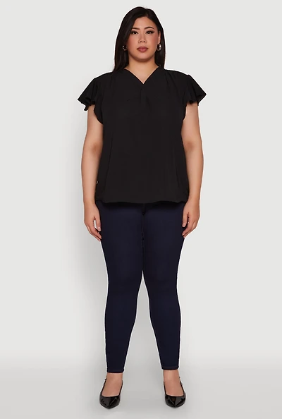 Womens Plus Chic V Neck Flutter Sleeve Blouse,