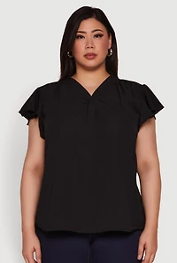 Womens Plus Chic V Neck Flutter Sleeve Blouse,