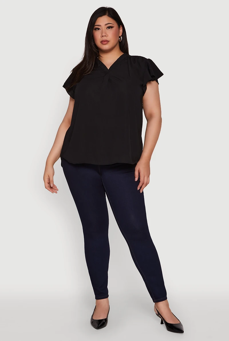 Womens Plus Chic V Neck Flutter Sleeve Blouse,