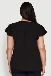 Womens Plus Chic V Neck Flutter Sleeve Blouse,