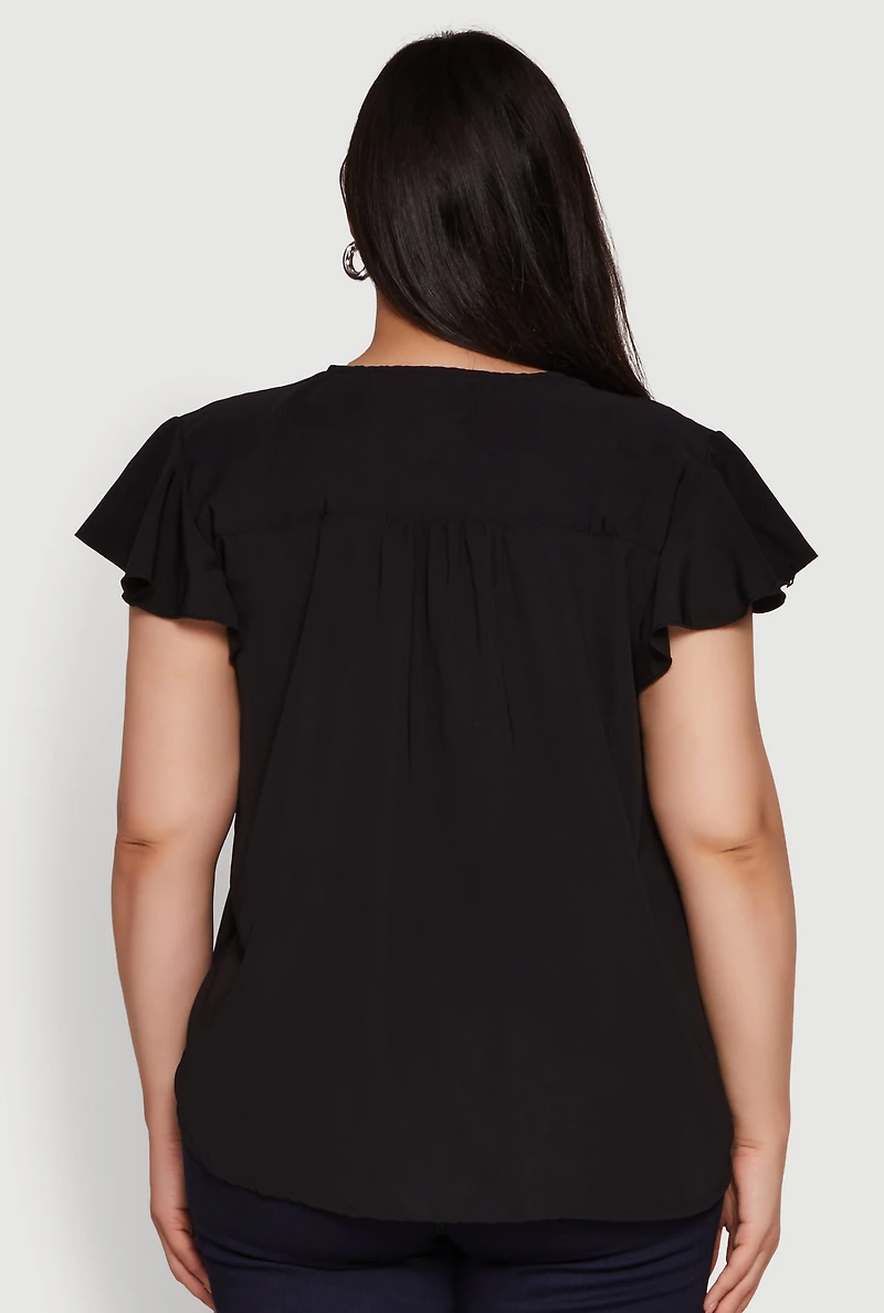 Womens Plus Chic V Neck Flutter Sleeve Blouse,