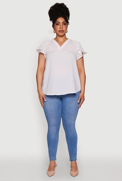 Womens Plus Chic V Neck Flutter Sleeve Blouse, White,