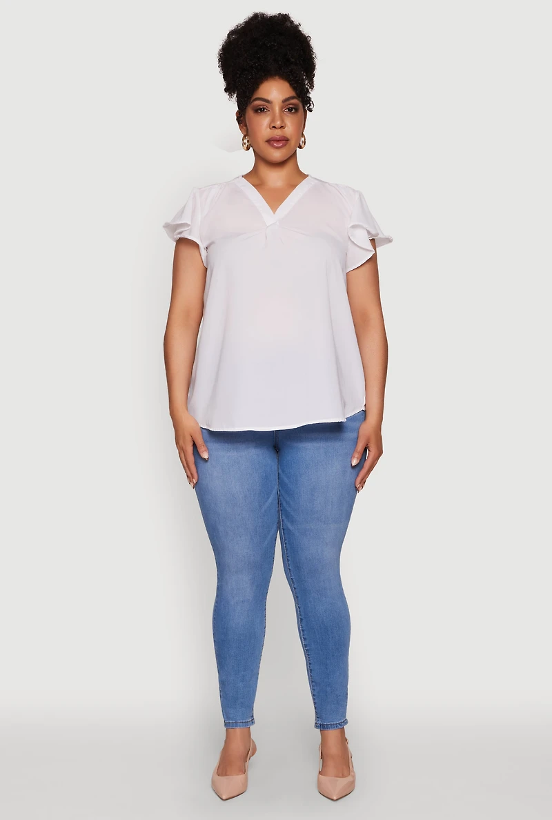 Womens Plus Chic V Neck Flutter Sleeve Blouse, White,