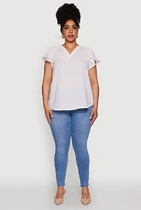 Womens Plus Chic V Neck Flutter Sleeve Blouse, White,