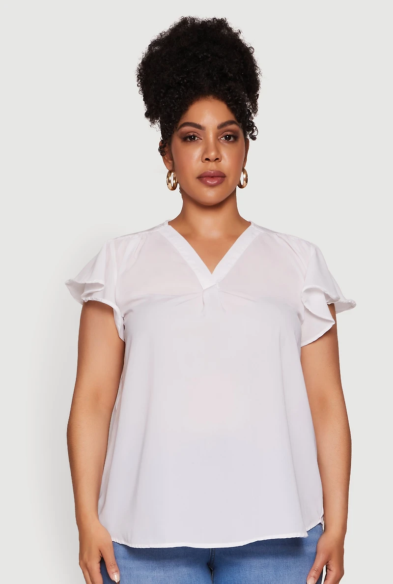 Womens Plus Chic V Neck Flutter Sleeve Blouse, White,