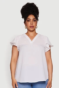Womens Plus Chic V Neck Flutter Sleeve Blouse, White,