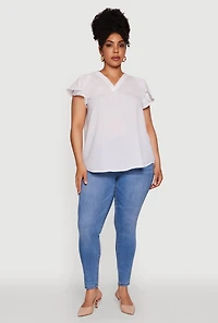 Womens Plus Chic V Neck Flutter Sleeve Blouse, White,