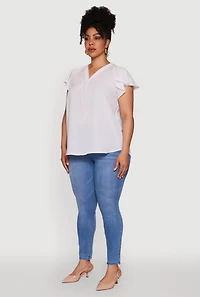 Womens Plus Chic V Neck Flutter Sleeve Blouse, White,