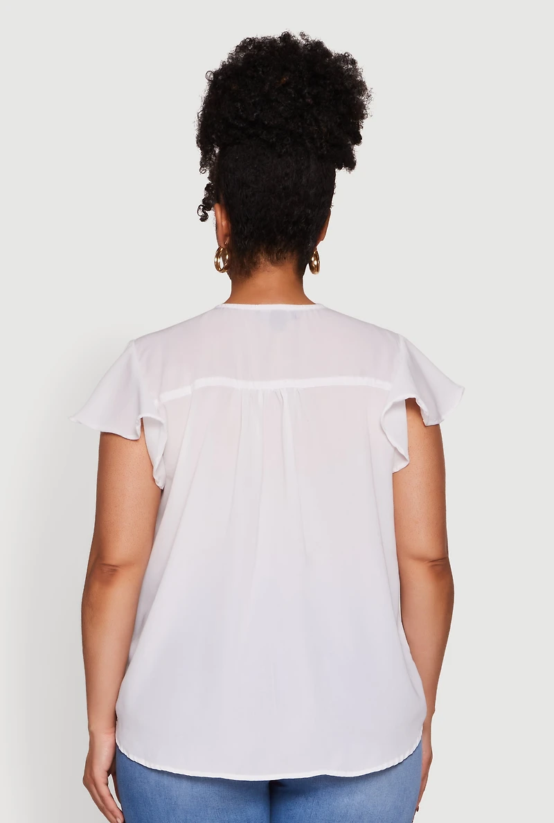 Womens Plus Chic V Neck Flutter Sleeve Blouse, White,