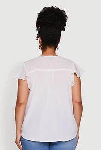 Womens Plus Chic V Neck Flutter Sleeve Blouse, White,
