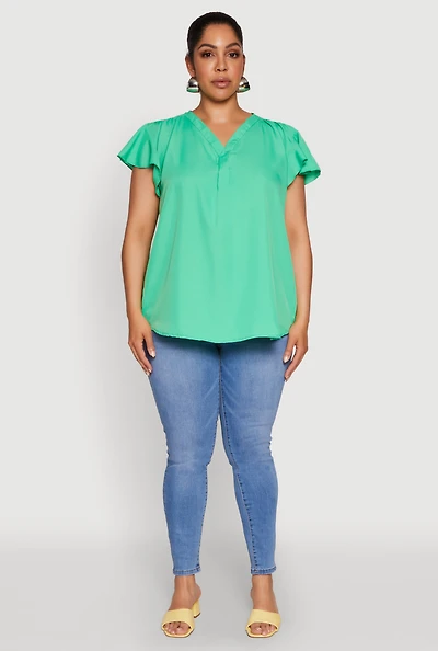 Womens Plus Chic V Neck Flutter Sleeve Blouse,