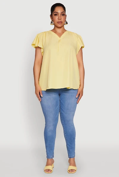 Womens Plus Size Chic V Neck Flutter Sleeve Blouse, Yellow, Size 3X