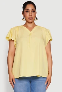 Womens Plus Size Chic V Neck Flutter Sleeve Blouse, Yellow, Size 3X