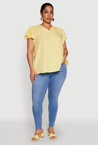 Womens Plus Size Chic V Neck Flutter Sleeve Blouse, Yellow, Size 3X