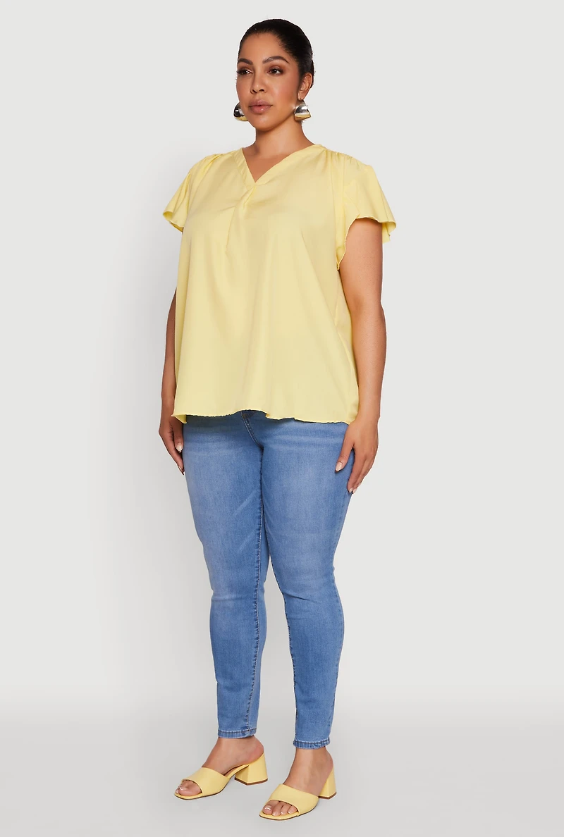 Womens Plus Size Chic V Neck Flutter Sleeve Blouse, Yellow, Size 3X