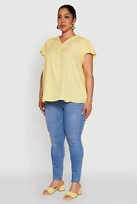Womens Plus Size Chic V Neck Flutter Sleeve Blouse, Yellow, Size 3X