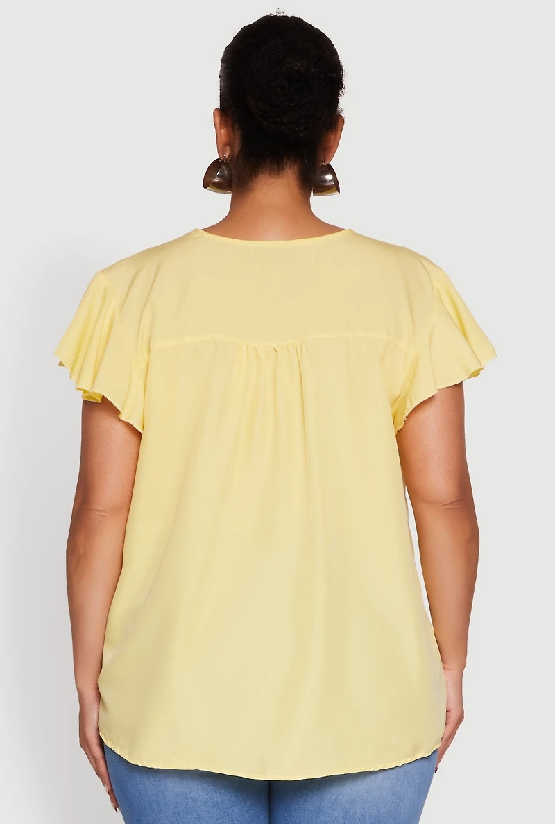 Womens Plus Size Chic V Neck Flutter Sleeve Blouse, Yellow, Size 3X