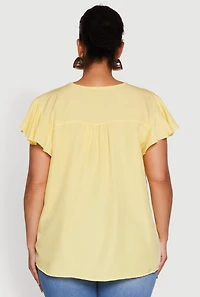 Womens Plus Size Chic V Neck Flutter Sleeve Blouse, Yellow, Size 3X