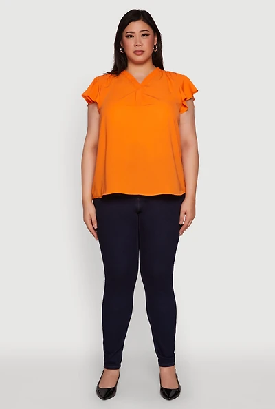 Womens Plus Size Chic V Neck Flutter Sleeve Blouse, Orange, Size 2X